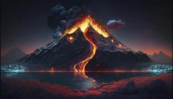 Illustration Gemälde von Nacht Landschaft mit Vulkan und Verbrennung Lava. Vulkan Eruption, Fantasie Landschaft. 3d Illustration, generieren ai foto