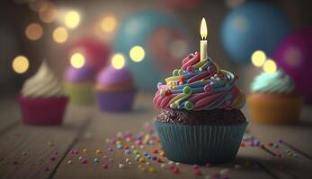 Süss bunt Geburtstag Cupcakes und Kerze , generativ ai foto