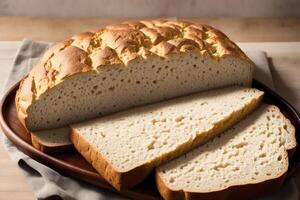 frisch gebacken Brot auf ein hölzern Planke, Nahaufnahme.Bagel generativ ai foto