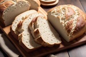 frisch gebacken Brot auf ein hölzern Planke, Nahaufnahme.Bagel generativ ai foto