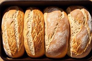 frisch gebacken Brot auf ein hölzern Planke, Nahaufnahme.Bagel generativ ai foto