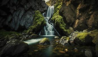 Wasserfall Landschaft mit Felsen bedeckt im Grün Moos, generieren ai foto