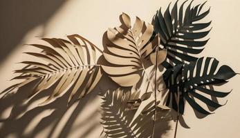 abstrakt Hintergrund mit tropisch Palme Blätter Schatten auf Beige Wand, kreativ minimal Design mit Kopieren Raum, Sommer- Konzept, eben legen , generieren ai foto