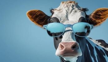 komisch Kuh mit Sonnenbrille im Vorderseite von Blau Studio Hintergrund. generativ ai. foto