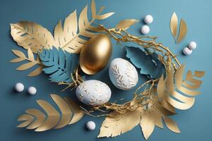 Ostern Eier Grafik Hintergrund, Weiß Eier und golden Nest und Blätter künstlerisch Dekoration auf azurblau Kopieren Raum. generativ ai Illustration, generativ ai foto