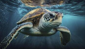 Meer Schildkröte Schwimmen unter Wasser im Blau Ozean Wasser. erstellt mit generativ ai foto