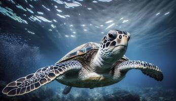 Meer Schildkröte Schwimmen unter Wasser im Blau Ozean Wasser. erstellt mit generativ ai foto