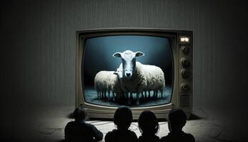 Konzept von Propaganda und Fälschung Nachricht, Fernseher Sucht. Schafd Aufpassen Fernseher im dunkel Zimmer. Politiker manipulieren das Bevölkerung. erstellt mit generativ ai foto