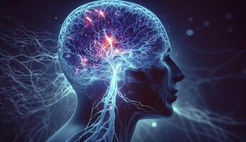 Mensch Kopf mit glühend Neuronen im Gehirn. esoterisch und Meditation Konzept. Verbindung mit andere Welten. schafft mit generativ ai foto