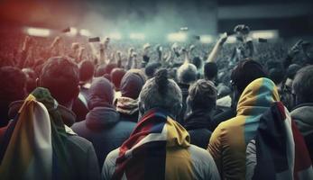 Digital Gemälde von Unterstützung. zurück Aussicht von Fußball, Fußball Fans Jubel ihr Mannschaft mit bunt Schals beim überfüllt Stadion beim Abend Zeit. Konzept von Sport, Tasse, Welt, teamg, generieren ai foto