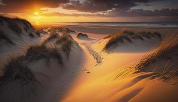 schön Dünen Strand beim Sonnenuntergang, Norden Meer, generieren ai foto