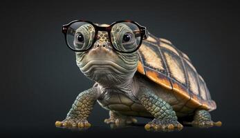 süß wenig Grün Schildkröte mit Brille im Vorderseite von Studio Hintergrund. generativ ai. foto