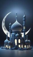 Moschee und Mond auf Blau Hintergrund. 3d machen und Illustration, generieren ai foto