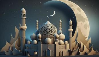 Moschee und Mond auf Blau Hintergrund. 3d machen und Illustration, generieren ai foto