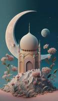 Moschee und Mond mit Blumen, Pastell- Farben, auf Blau Hintergrund. 3d machen und Illustration, , generieren ai foto