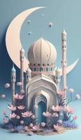 Moschee und Mond auf Blau Hintergrund. 3d machen und Illustration, generieren ai foto