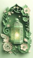 islamisch Gruß eid Mubarak Karten zum Muslim Feiertage. eid-ul-adha Festival Feier. Arabisch Ramadan Laterne. Dekoration Lampe, generieren ai foto