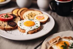 Frühstück mit gebraten Eier und Toast auf Weiß Platte, Nahaufnahme. generativ ai foto