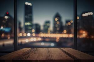 Holz Tabelle oben auf verwischen Glas Fenster Mauer Gebäude Hintergrund. ai generiert foto