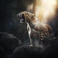 Leopard brüllend im das Wald Bild generativ ai foto
