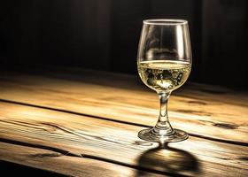 Weinglas von Weiß Wein auf ein hölzern Tabelle im ein Restaurant foto