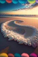 Herz gemacht von Felsen auf ein Strand beim Sonnenuntergang. generativ ai. foto