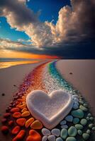 Herz geformt Stein Sitzung auf oben von ein sandig Strand. generativ ai. foto