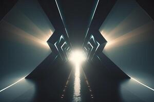 abstrakt Tunnel Gang mit Strahlen von Licht leuchtenden durch. ai generiert foto