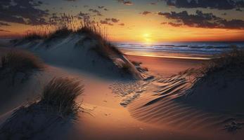 Sonnenuntergang beim das Düne Strand, generieren ai foto