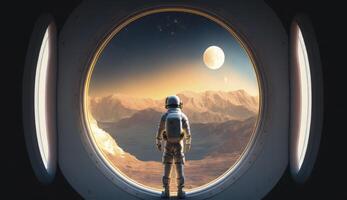 Raumfahrer im ein Raumanzug steht im Vorderseite von Raumschiff Kreis Fenster. postproduziert generativ ai Digital Illustration. foto