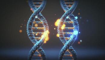 Blau Chromosom DNA und allmählich glühend flackern Licht Angelegenheit chemisch wann Kamera ziehen um Nahaufnahme. medizinisch und Vererbung genetisch Gesundheit Konzept. Technologie Wissenschaft. 3d Wiedergabe, generieren ai foto