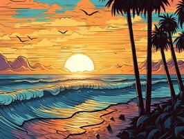 Illustration von Meer Landschaft Sommer- Strand mit Palmen, Boot, Horizont beim Sonnenuntergang. Artoon Stil Illustration zum t Hemd Design. generativ ai. foto