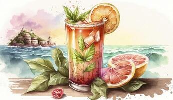 Grapefruit Sommer- Cocktail auf Meer, Aquarell Stil Illustration, generativ ai foto