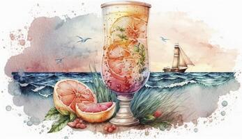 Grapefruit Sommer- Cocktail auf Meer, Aquarell Stil Illustration, generativ ai foto