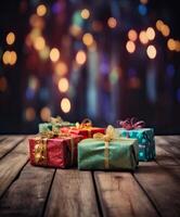 Weihnachten die Geschenke eingewickelt im rot Papier mit Gold Band auf auf hölzern Tabelle Hintergrund und Bokeh. Platz zum Typografie und Logo. Kopieren Raum. generativ ai. foto