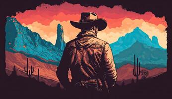 ai generiert. ai generativ. Western einheimisch amerikanisch Landschaft mit einsam Cowboy und desrt Felsen. wild Westen. Grafik Kunst foto