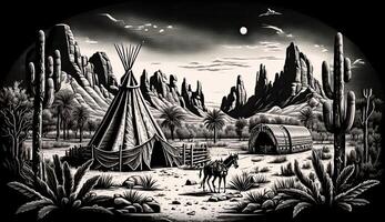 ai generiert. ai generativ. einheimisch amerikanisch Western Szene Hintergrund mit Cowboy Wigwam desrt und Felsen. können Sein benutzt zum Zuhause Dekoration. wild Westen. schwarz und Weiß. Grafik Kunst foto