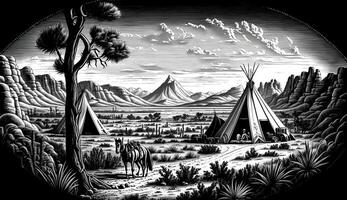 ai generiert. ai generativ. einheimisch amerikanisch Western Szene Hintergrund mit Cowboy Wigwam desrt und Felsen. können Sein benutzt zum Zuhause Dekoration. wild Westen. schwarz und Weiß. Grafik Kunst foto