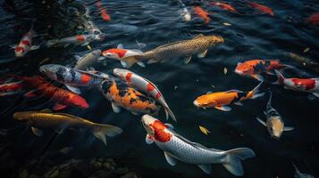 Overhead Aussicht von Koi Karpfen Schwimmen im Teich. generativ ai. foto