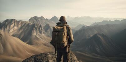 sportlich Mann auf das Berg Gipfel suchen auf Berg Senke mit Sonnenstrahlen beim bunt Sonnenuntergang im Herbst. Landschaft Reisender, nebelig Hügel, Wald im fallen, tolle Himmel und Sonnenlicht im fallen. generativ ai foto