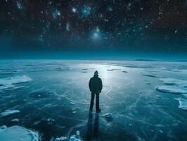 ein Mann steht auf transparent Eis im Vorderseite von Nord Beleuchtung generativ ai foto