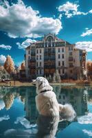 ein sehr süß Riese Hund sieht aus oben beim das Himmel generativ ai foto
