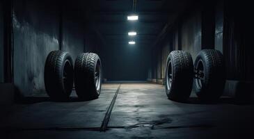 Neu Auto Reifen. Gruppe von Straße Räder auf dunkel Hintergrund. Sommer- Reifen mit asymmetrisch treten Design. Fahren Auto Konzept. generativ ai. foto