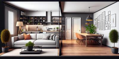 Innere Design von modern Wohnung, Leben Zimmer und Essen Zimmer. Zuhause Design. ai generiert foto