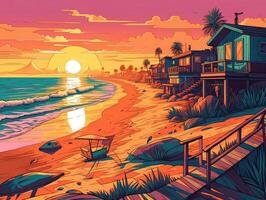 Illustration von Meer Landschaft Sommer- Strand mit Palmen, Boot, Horizont beim Sonnenuntergang. Artoon Stil Illustration zum t Hemd Design. generativ ai. foto