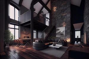 modern Innere von ein Leben Zimmer. Penthouse Dachgeschoss mit dunkel Stein Wände . ai generiert foto