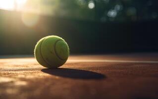 schließen oben von Tennis Ball auf Lehm Gericht.Tennis Ball. generativ ai. foto