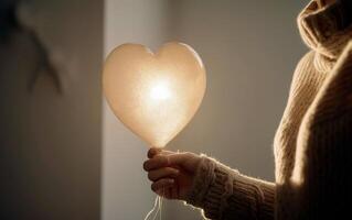 Frau Hand zeigen Licht Ballon mit Herz Form. generativ ai. foto