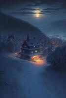 schneebedeckt Dorf beim Nacht mit ein voll Mond im das Himmel. generativ ai. foto