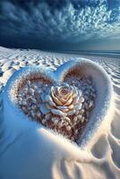 Herz geformt Blume Sitzung auf oben von ein sandig Strand. generativ ai. foto